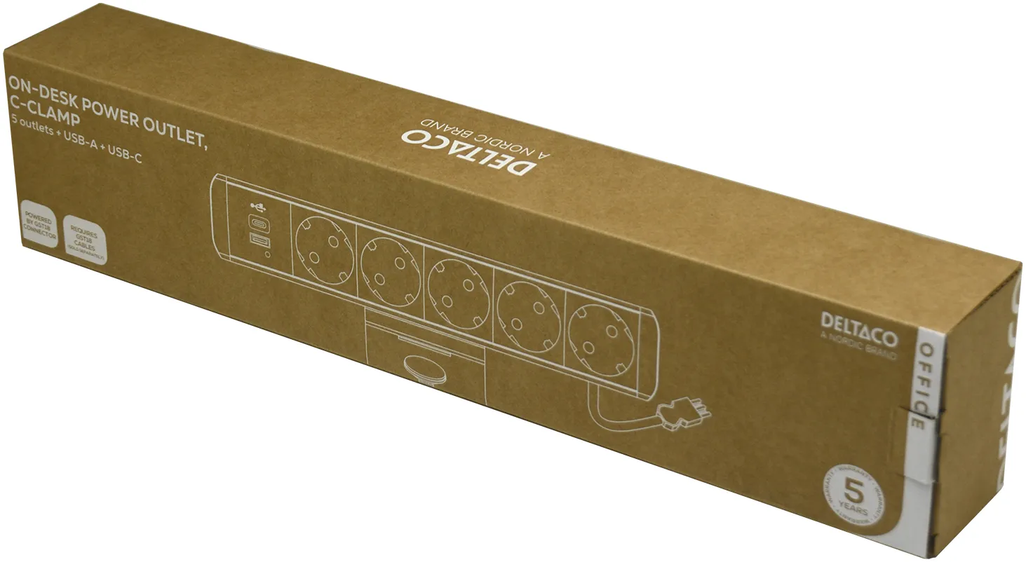 Deltaco On-desk Outlet, 5 outlets, 1x21W A+C USB, GST18 cable