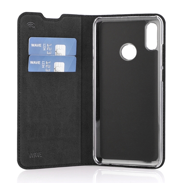 WAVE Book Case musta suojakotelo Huawei P Smart 2019 puhelimelle. Magneettisulkuinen kansi, korttipaikat RFID suojauksella ja l&auml;pin&auml;kyv&auml; muovikelkka (PC). Pinta