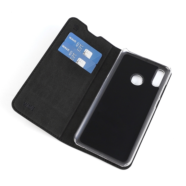 WAVE Book Case musta suojakotelo Huawei P Smart 2019 puhelimelle. Magneettisulkuinen kansi, korttipaikat RFID suojauksella ja l&auml;pin&auml;kyv&auml; muovikelkka (PC). Pinta
