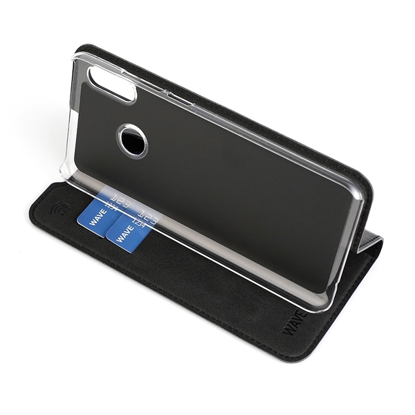 WAVE Book Case musta suojakotelo Huawei P Smart 2019 puhelimelle. Magneettisulkuinen kansi, korttipaikat RFID suojauksella ja l&auml;pin&auml;kyv&auml; muovikelkka (PC). Pinta