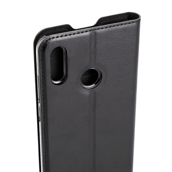 WAVE Book Case musta suojakotelo Huawei P Smart 2019 puhelimelle. Magneettisulkuinen kansi, korttipaikat RFID suojauksella ja l&auml;pin&auml;kyv&auml; muovikelkka (PC). Pinta