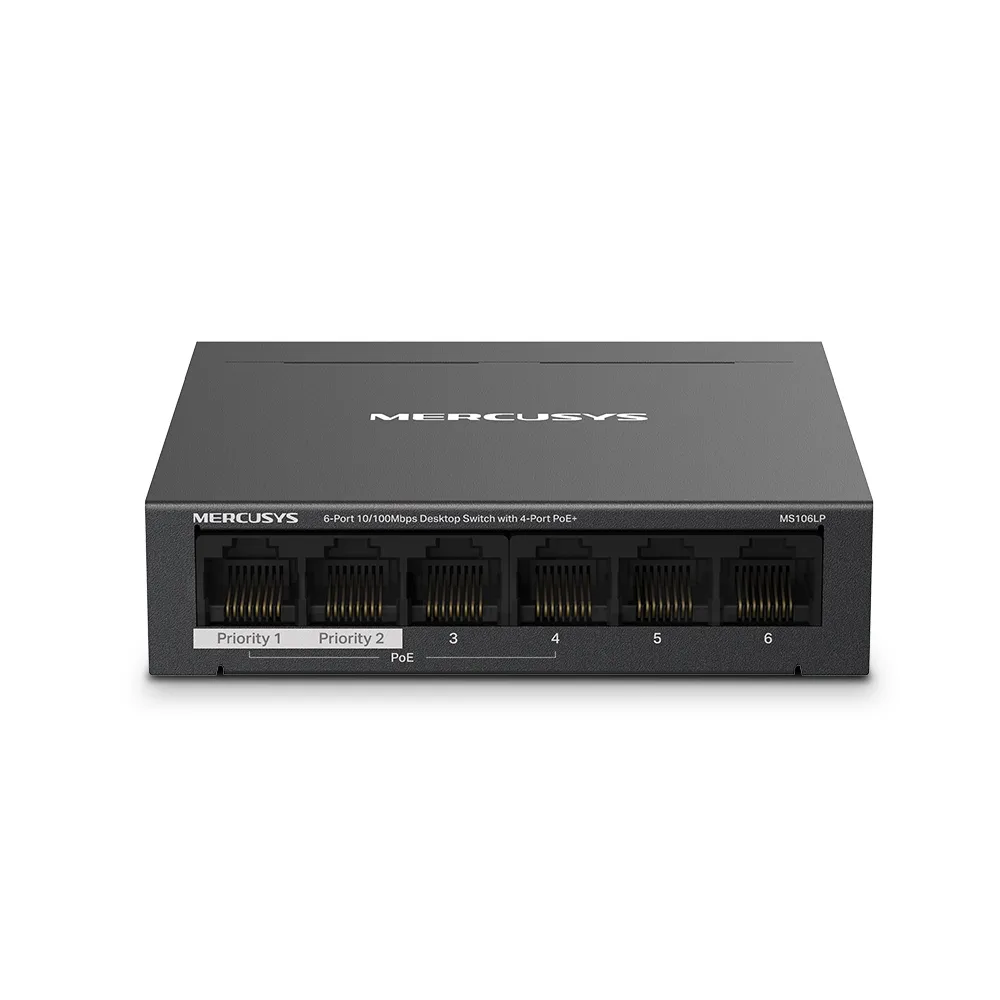 Mercusys MS106LP - 6-portars 10/100 Mbps hanterbar switch med 4 PoE-portar, Svart