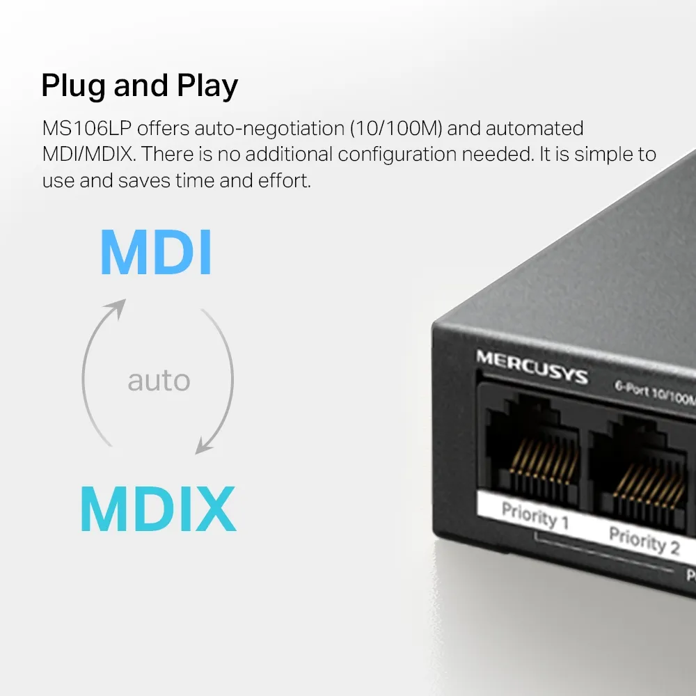 Mercusys MS106LP - 6-portars 10/100 Mbps hanterbar switch med 4 PoE-portar, Svart