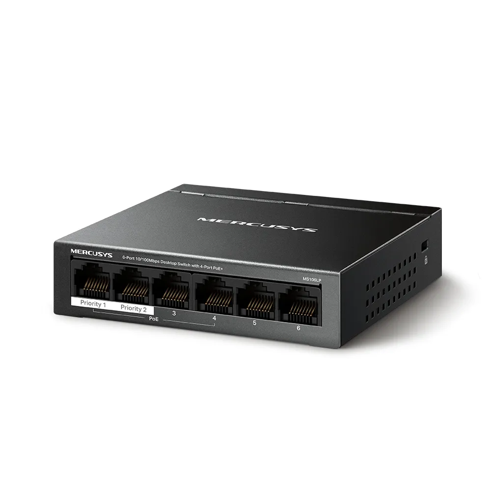 Mercusys MS106LP - 6-portars 10/100 Mbps hanterbar switch med 4 PoE-portar, Svart