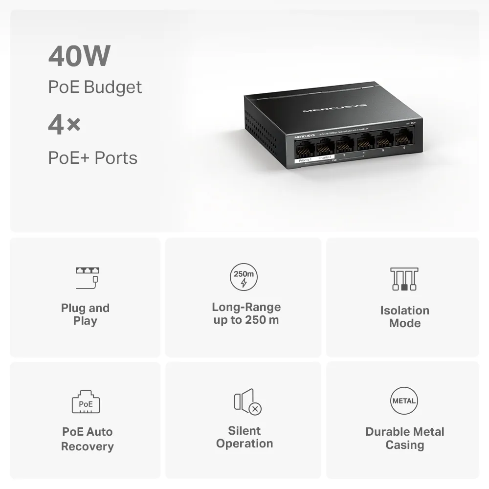 Mercusys MS106LP - 6-portars 10/100 Mbps hanterbar switch med 4 PoE-portar, Svart