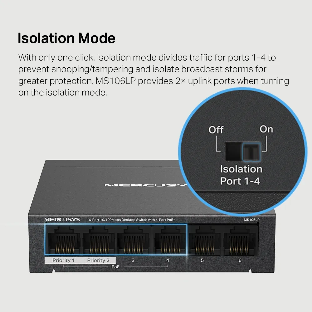 Mercusys MS106LP - 6-portars 10/100 Mbps hanterbar switch med 4 PoE-portar, Svart