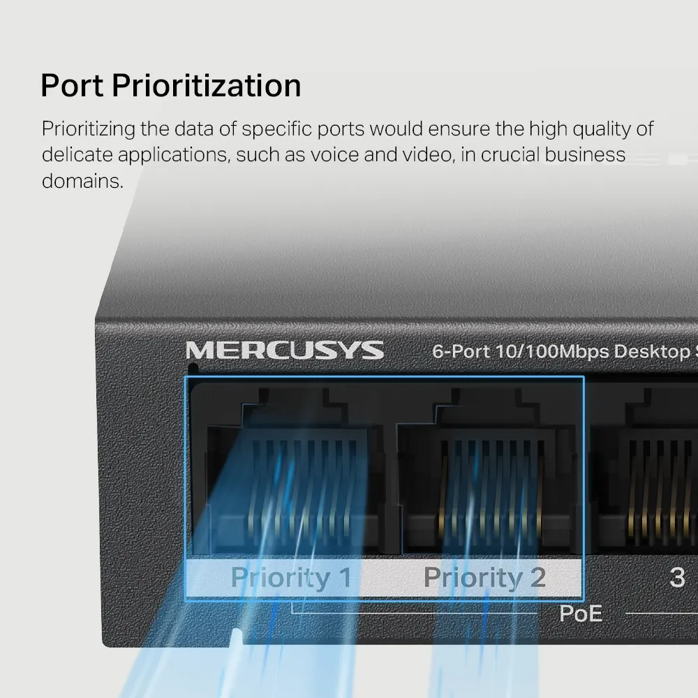 Mercusys MS106LP - 6-portars 10/100 Mbps hanterbar switch med 4 PoE-portar, Svart