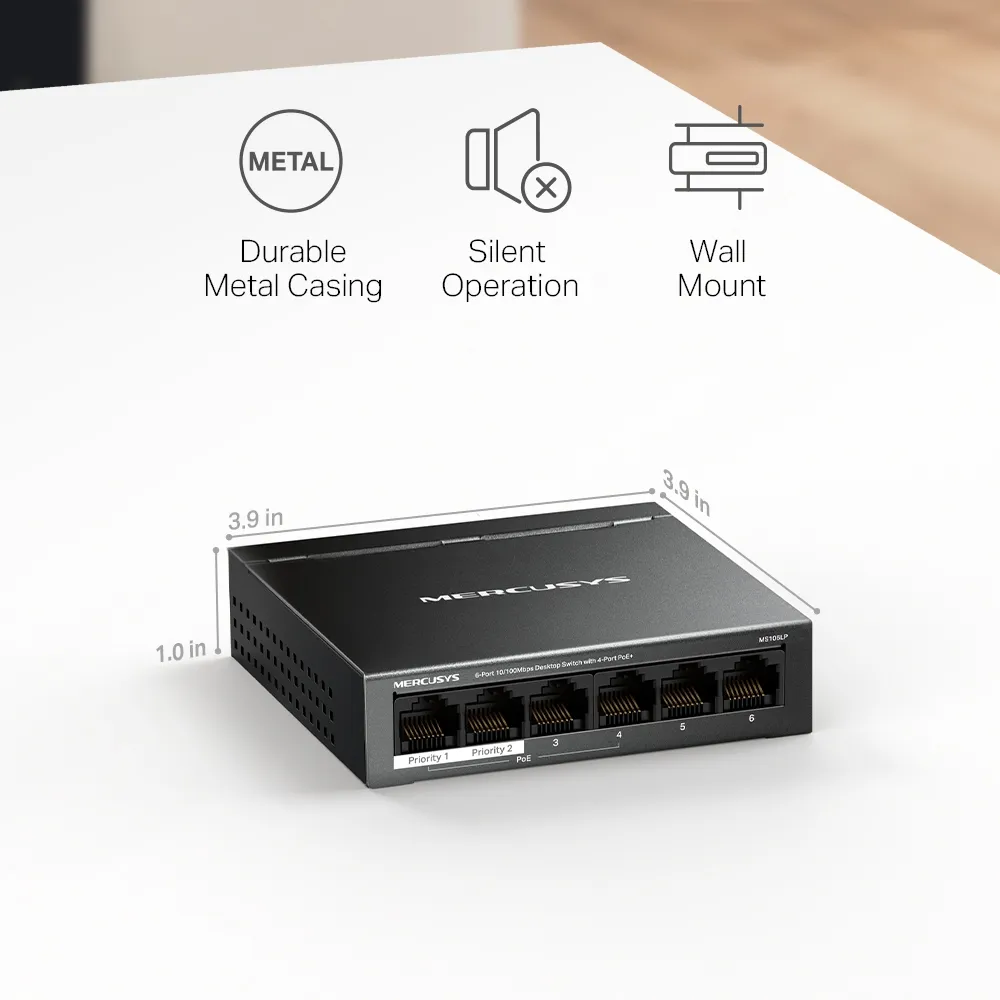 Mercusys MS106LP - 6-portars 10/100 Mbps hanterbar switch med 4 PoE-portar, Svart