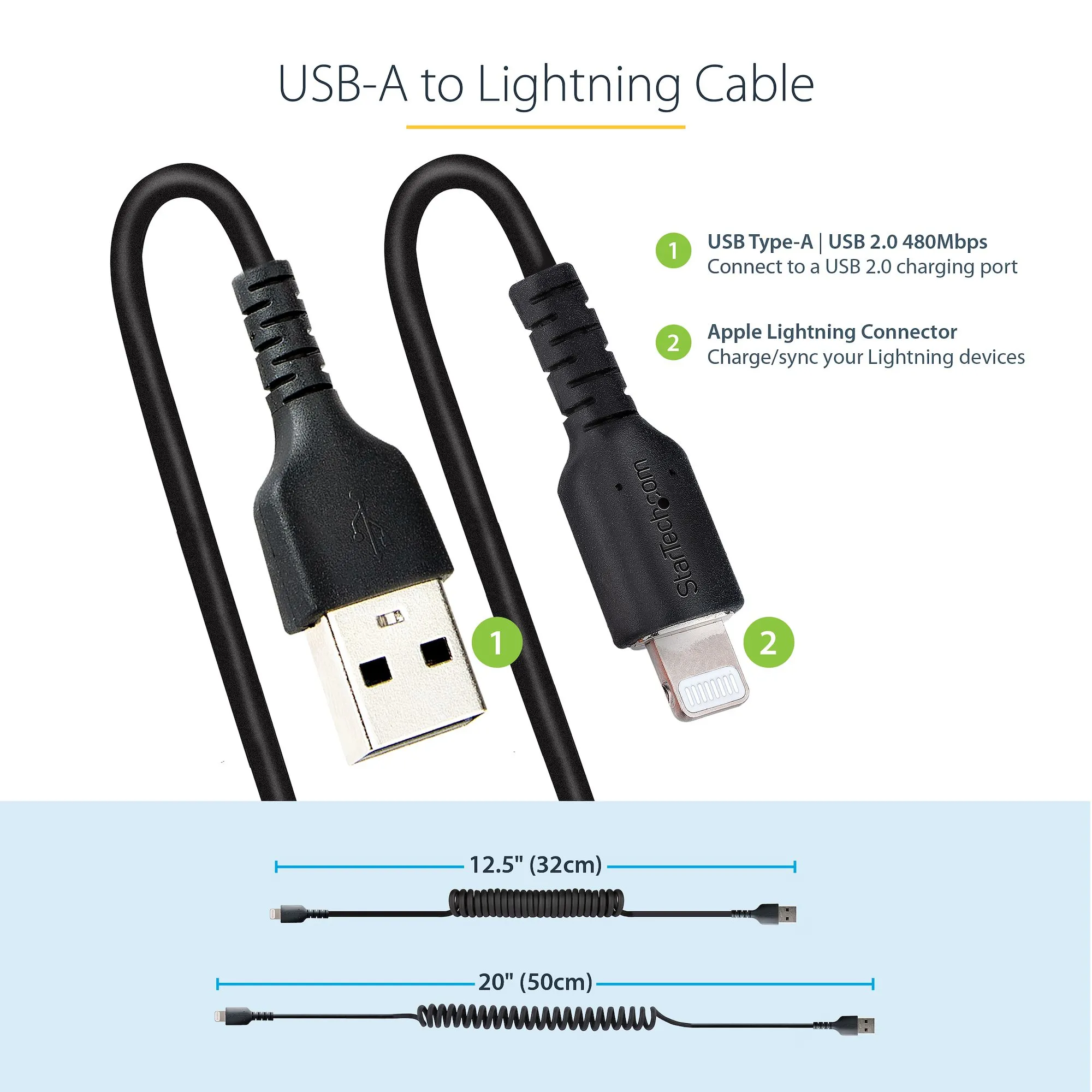 USB TO LIGHTNING CABLE - 50CM - (20IN) COILED CABLE BLACK