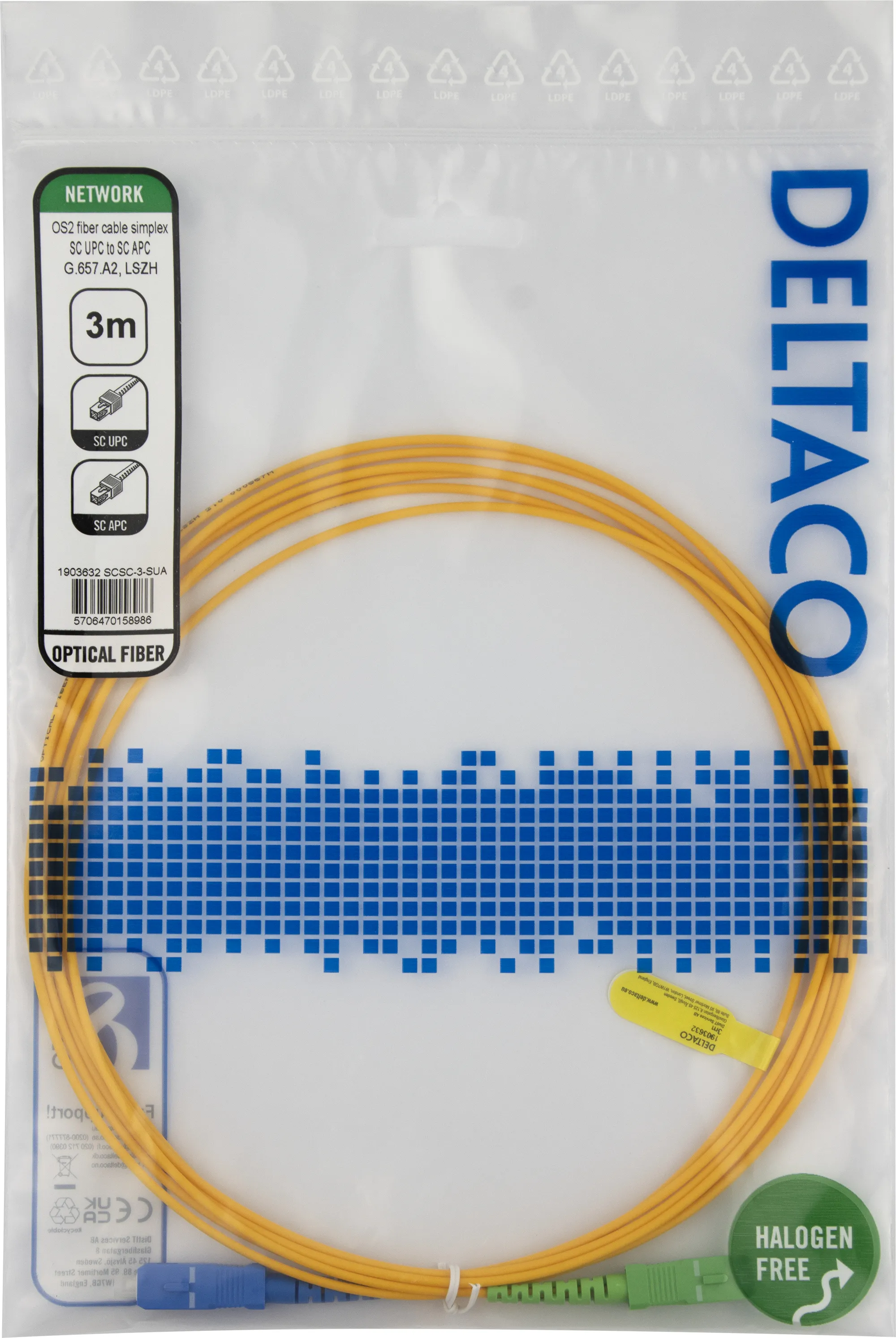 Deltaco OS2 LSZH SC-SC 3m -valokuitukaapeli, keltainen