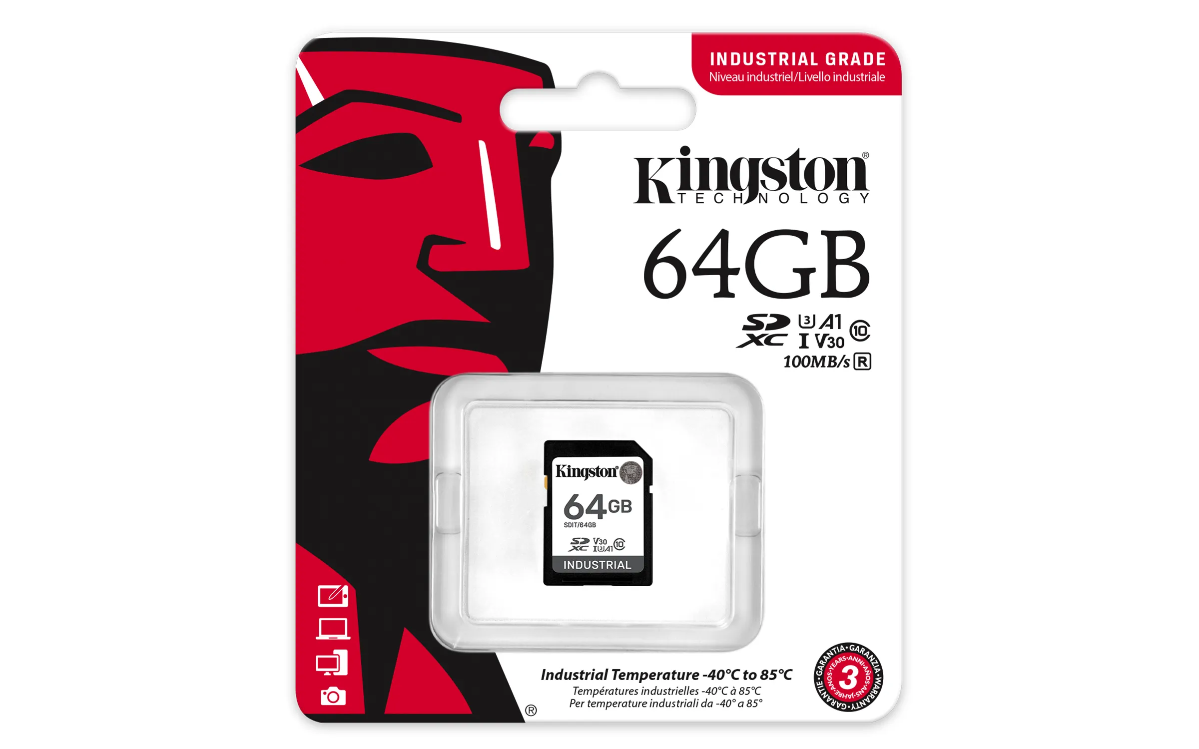 KINGSTON 64GB SDXC Industrial -40C to 85C C10 UHS-I U3 V30 A1 pSLC