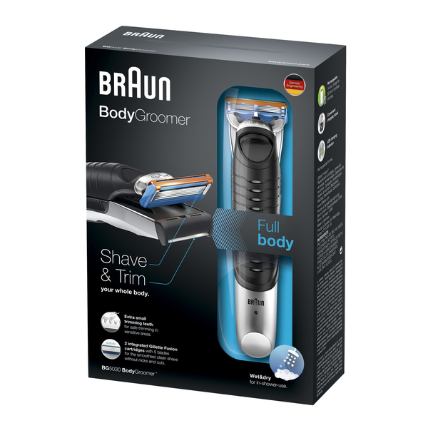 BRAUN VARTALOTRIMMERI BG5030  - Johdoton W&amp;D bodygroomer vartalotrimmeri 2in1 Gilletten Fusion terill&auml;! Mukana pehme&auml; s&auml;ilytyspussi. UUTUUS!