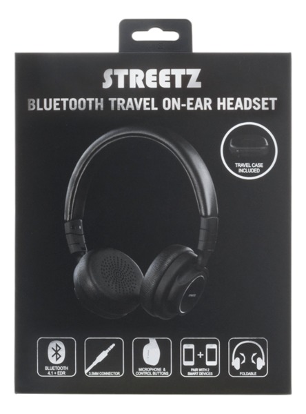 STREETZ Bluetooth travel headset, Bluetooth 4.1, resefodral, svart