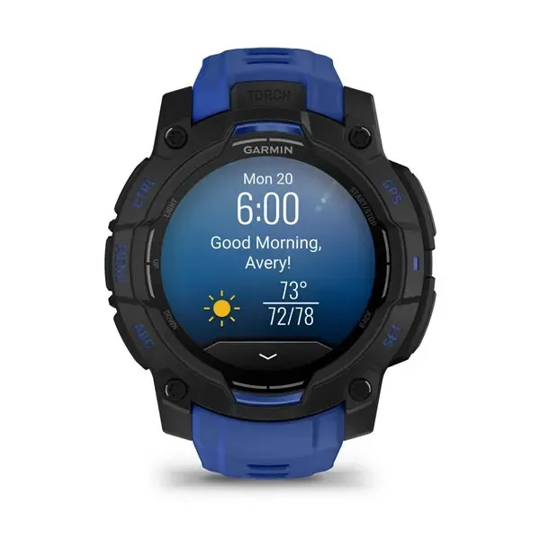 Garmin Instinct 3 45mm AMOLED Sports Watch, Black with Bolt Blue