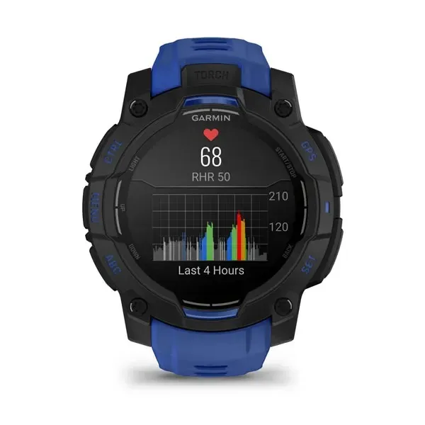 Garmin Instinct 3 45mm AMOLED tr&auml;ningsklocka, svart Bolt Blue