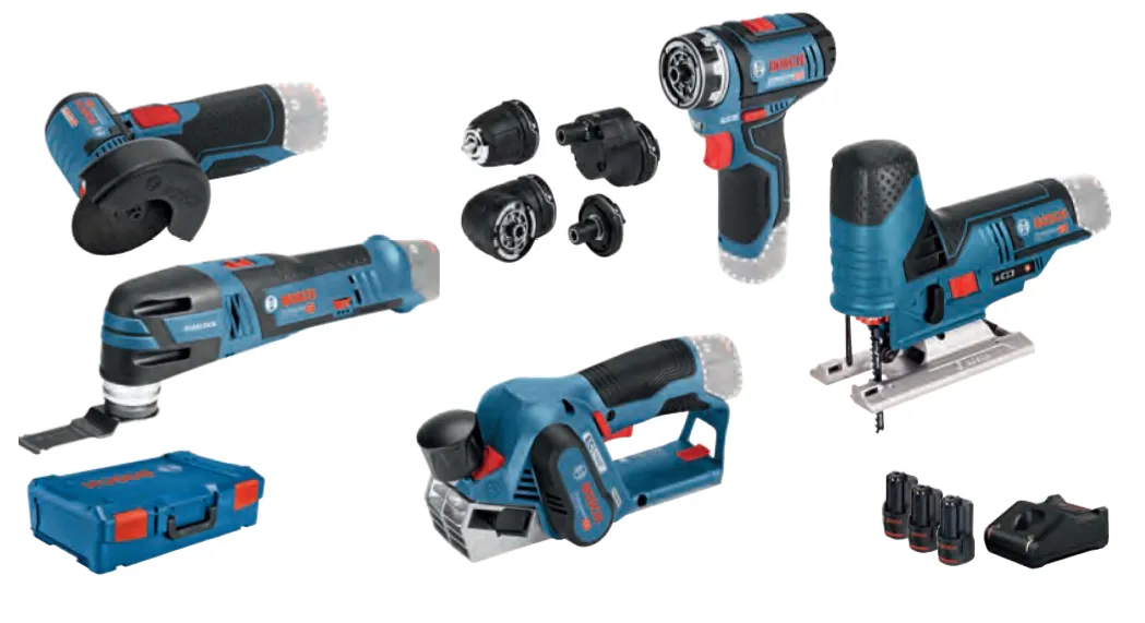 Bosch 5-piece 12-volt tool set, GSR + GOP + GHO + GWS + GST (blue, 3x Li-ion battery, XL-BOXX)