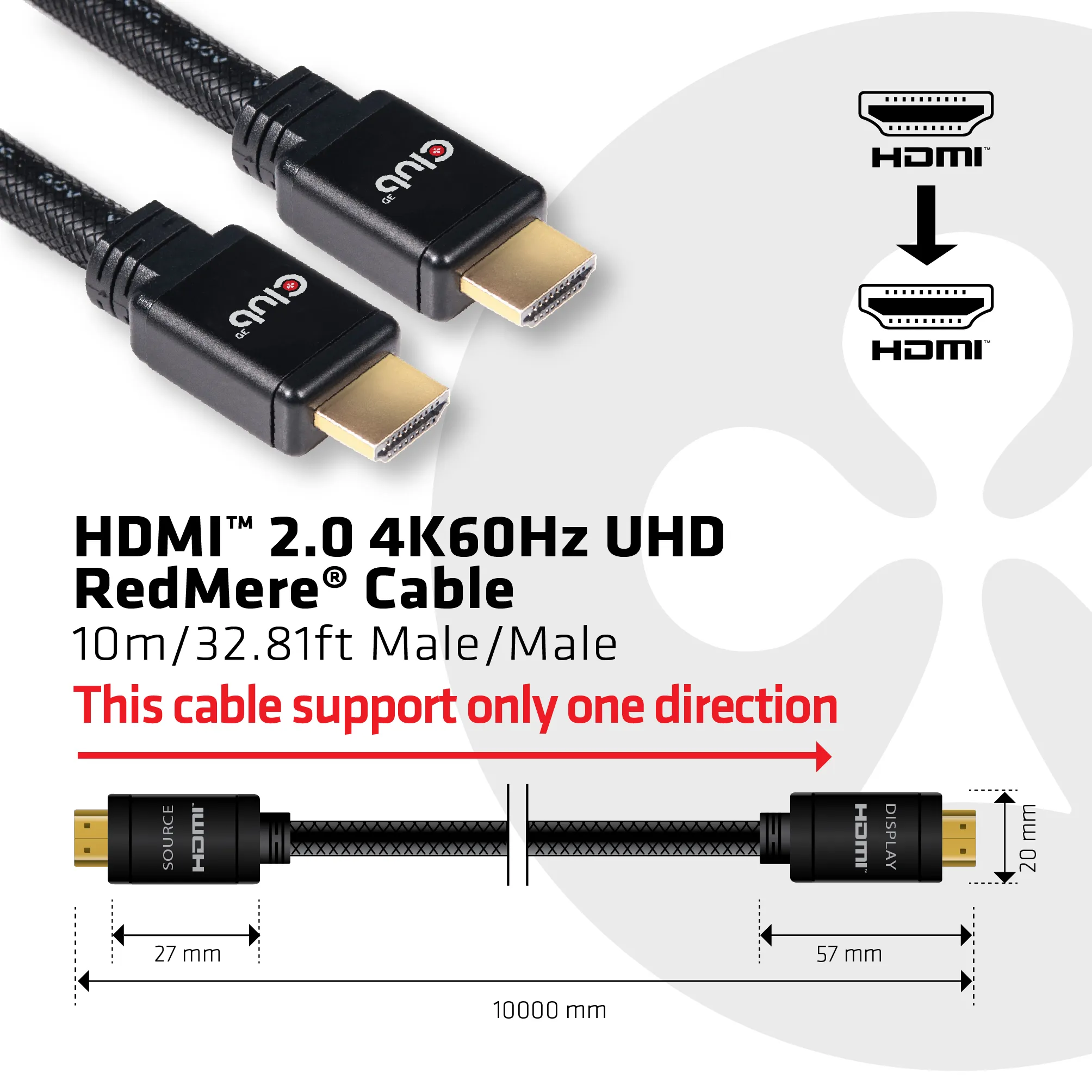 Club 3D  HDMI &ndash; HDMI 2.0 - kabel, 10 m, Svart