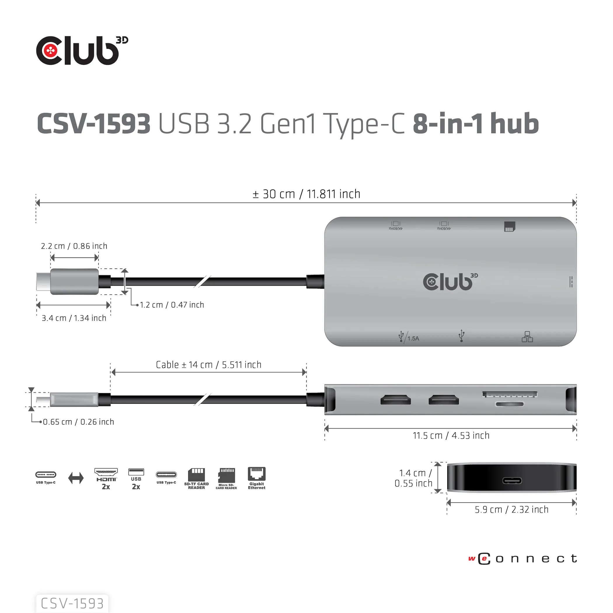 Club 3D 3.2 Gen1 USB-C 8-in-1 - hub, Gr&aring;