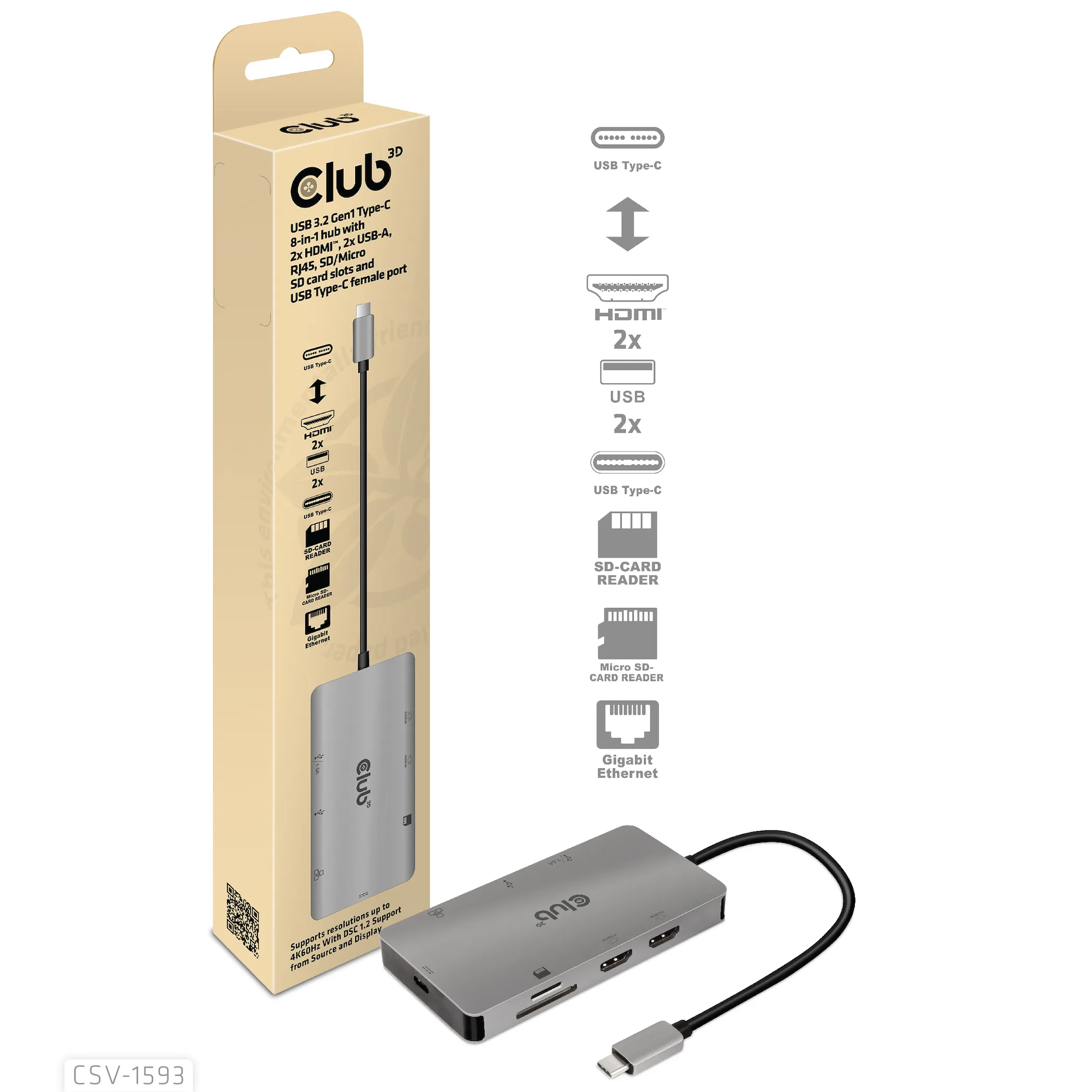 Club 3D 3.2 Gen1 USB-C 8-in-1 - hub, Gr&aring;