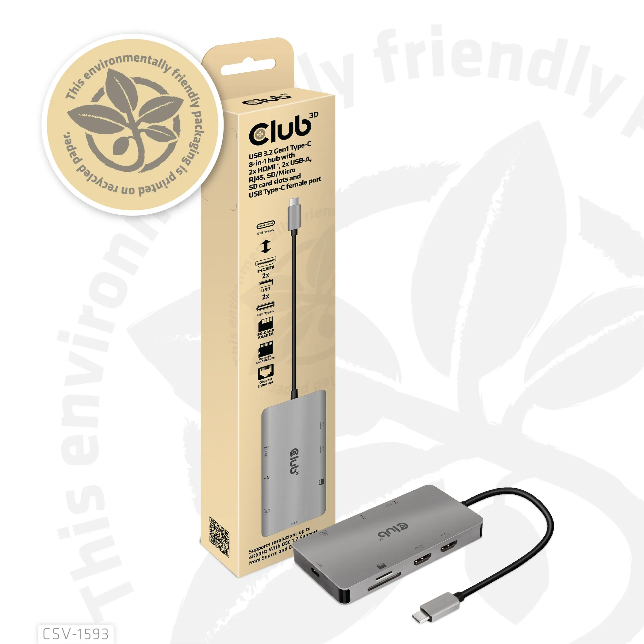 Club 3D 3.2 Gen1 USB-C 8-in-1 - hub, Gr&aring;