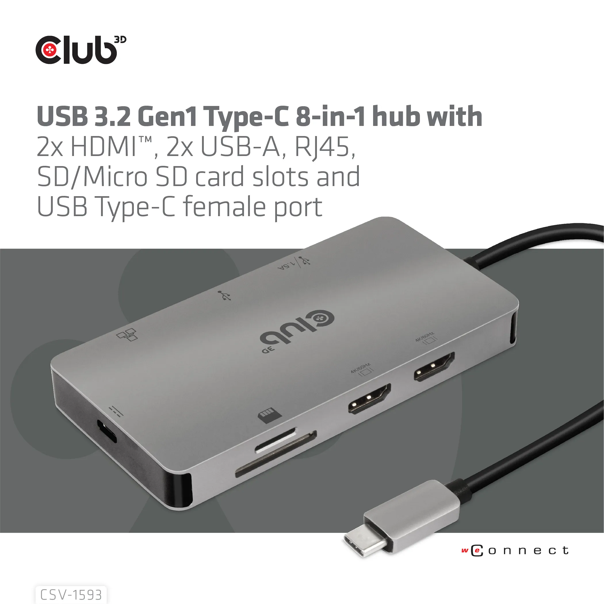 Club 3D 3.2 Gen1 USB-C 8-in-1 - hub, Gr&aring;