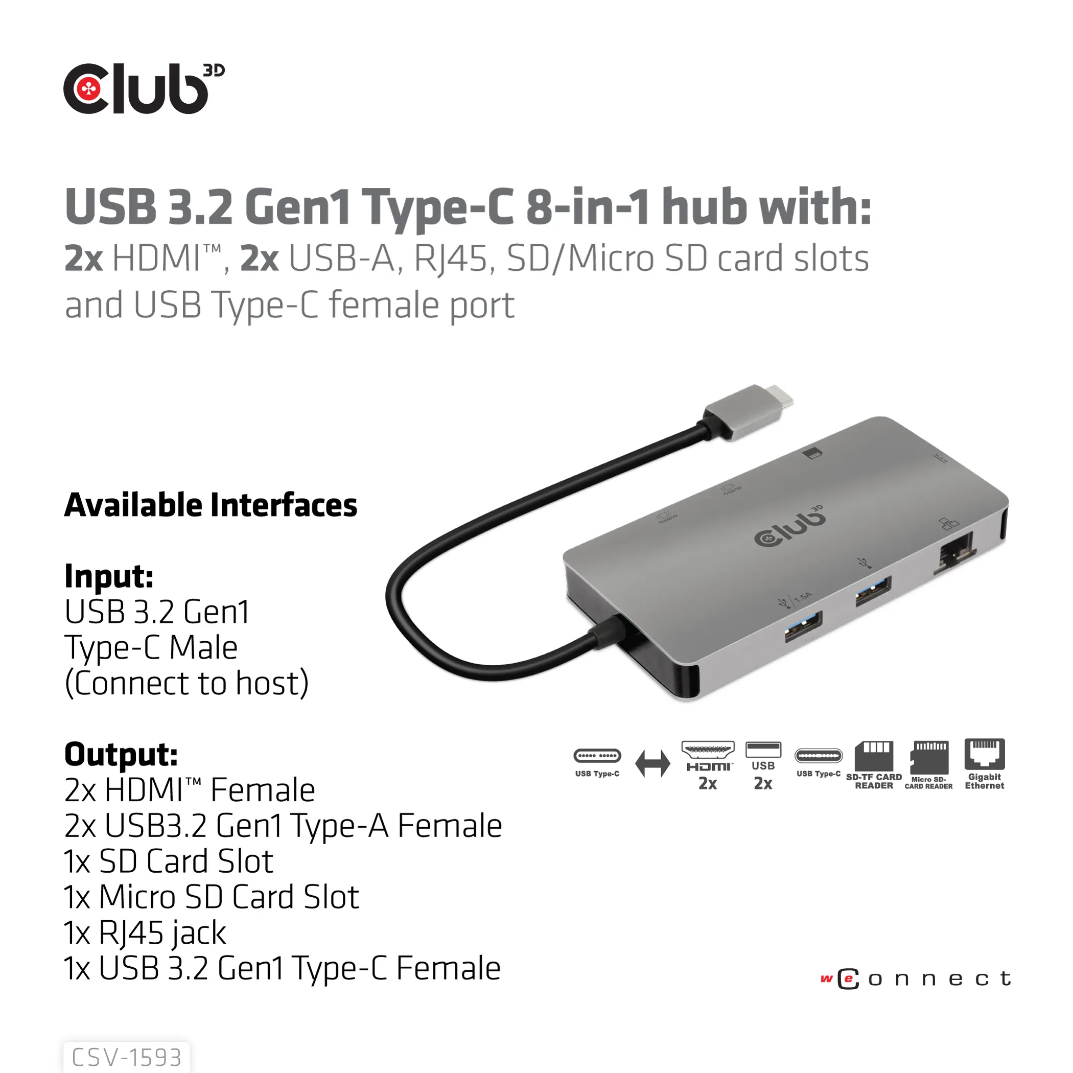 Club 3D 3.2 Gen1 USB-C 8-in-1 - hub, Gr&aring;