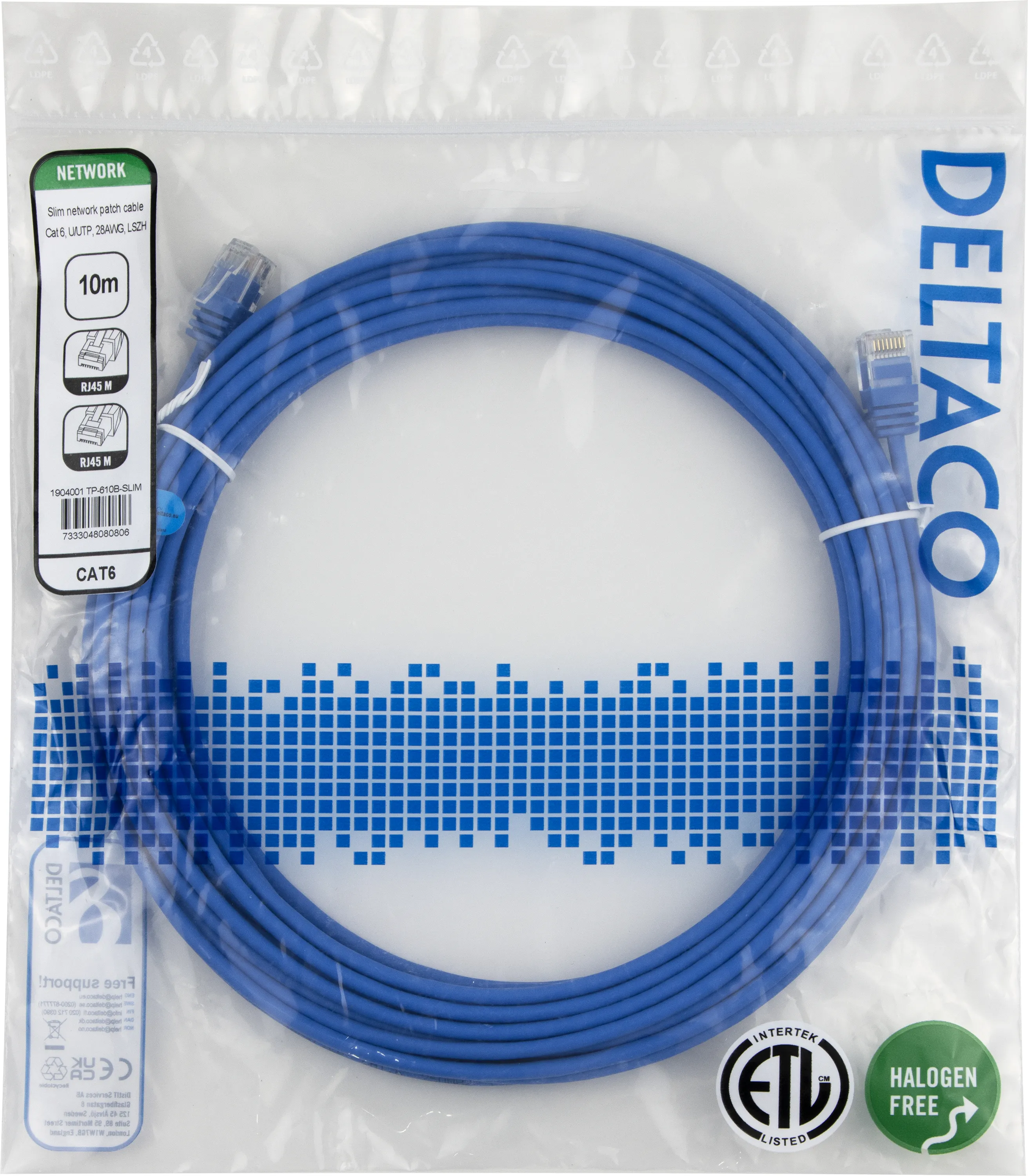 Deltaco Cat6 U/UTP RJ45 10m -verkkokaapeli, sininen