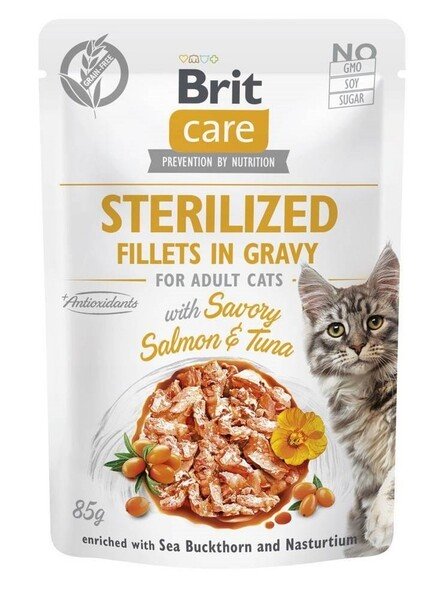 Brit Care Cat Sterilized Fillets in Gravy with Salmon &amp; Tuna, Wet food for cats, Adult, 85g