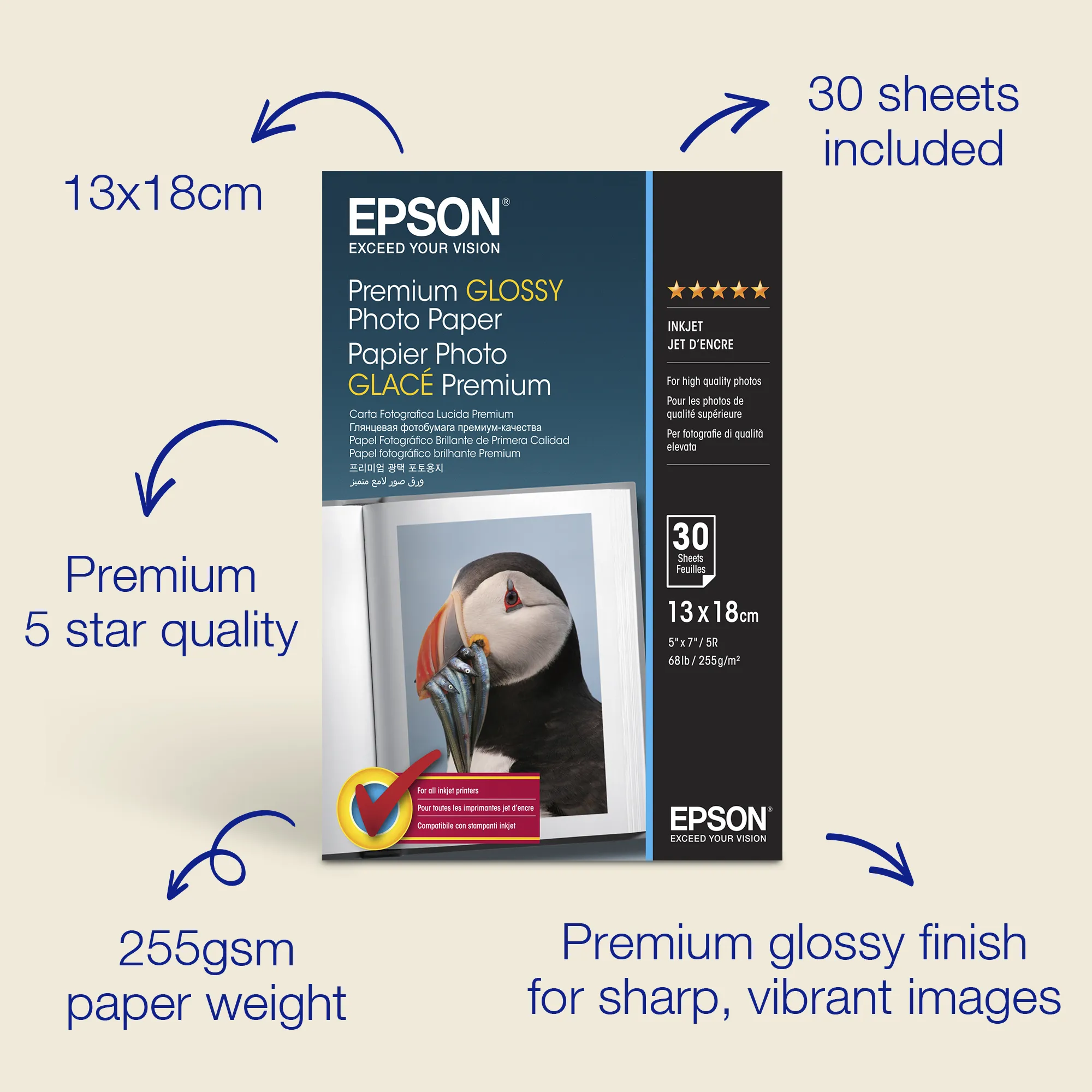 EPSON PREMIUM GLOSSY PHOTO PAPER,13X18, 255G, 30