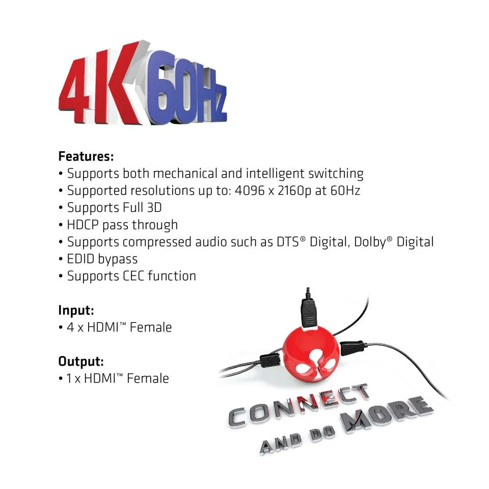 Club 3D HDMI-kytkin, 4 tuloa - 1 l&auml;ht&ouml;, HDMI 2.0, kaukos&auml;&auml;din, Musta