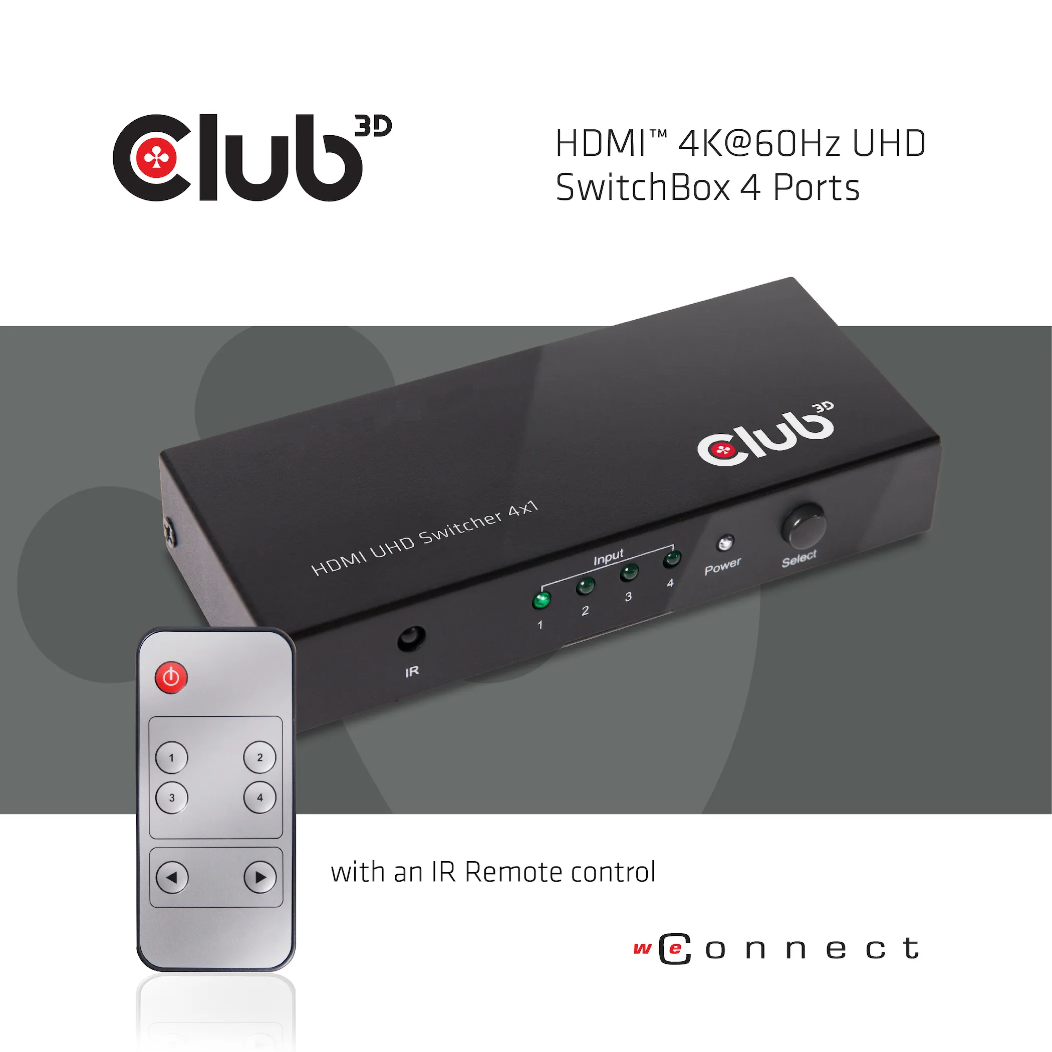 Club 3D HDMI-kytkin, 4 tuloa - 1 l&auml;ht&ouml;, HDMI 2.0, kaukos&auml;&auml;din, Musta