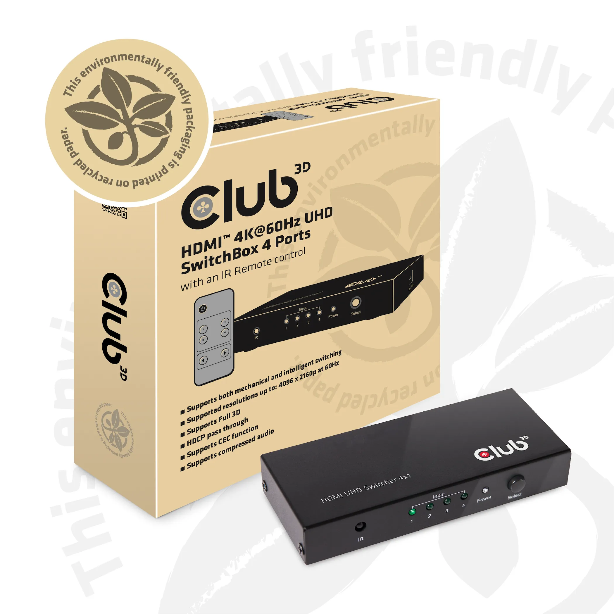 Club 3D HDMI-kytkin, 4 tuloa - 1 l&auml;ht&ouml;, HDMI 2.0, kaukos&auml;&auml;din, Musta