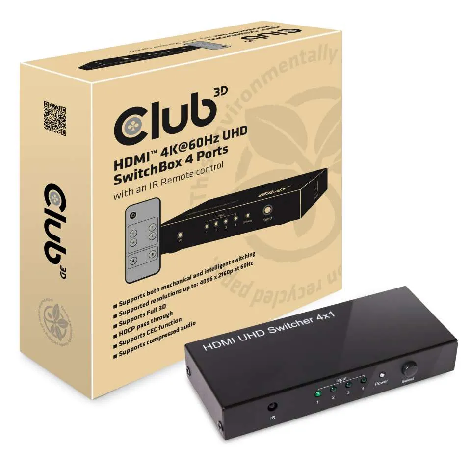 Club 3D HDMI-kytkin, 4 tuloa - 1 l&auml;ht&ouml;, HDMI 2.0, kaukos&auml;&auml;din, Musta