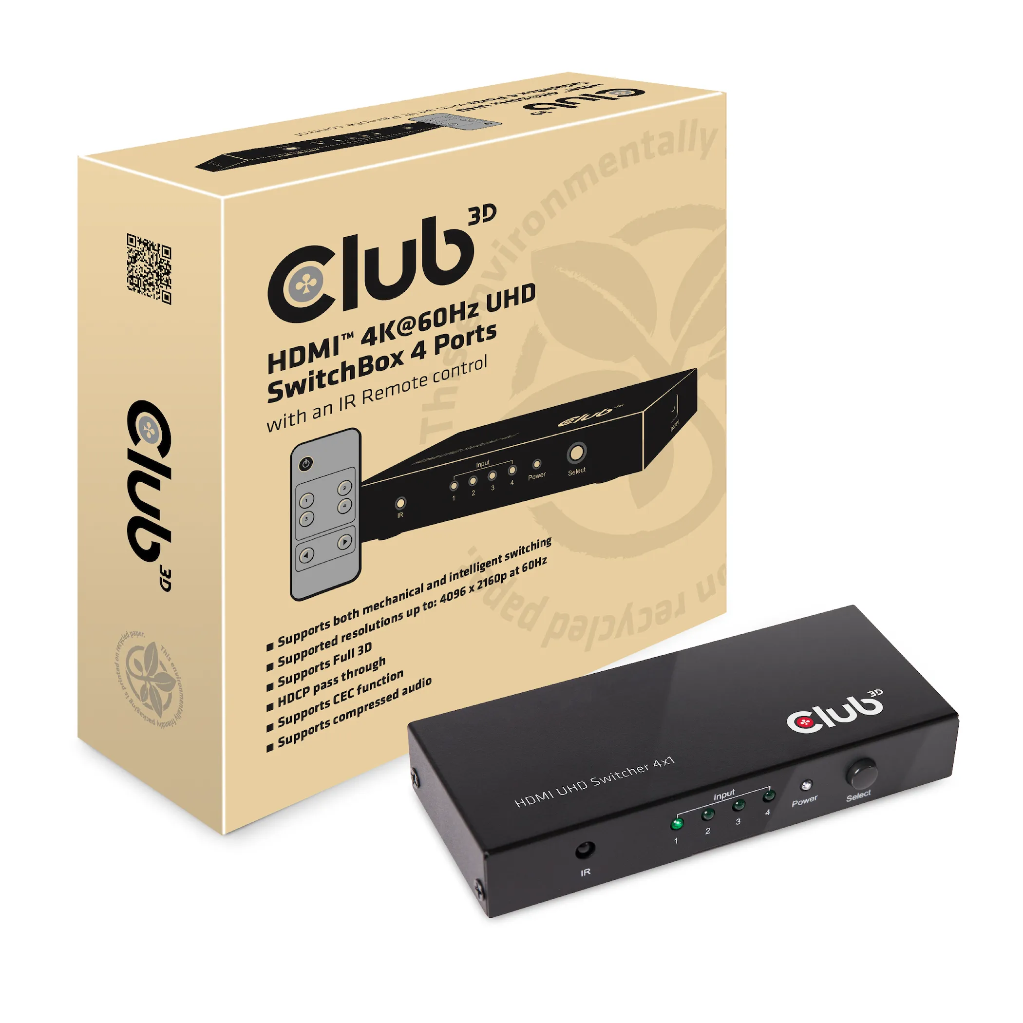 Club 3D HDMI-kytkin, 4 tuloa - 1 l&auml;ht&ouml;, HDMI 2.0, kaukos&auml;&auml;din, Musta