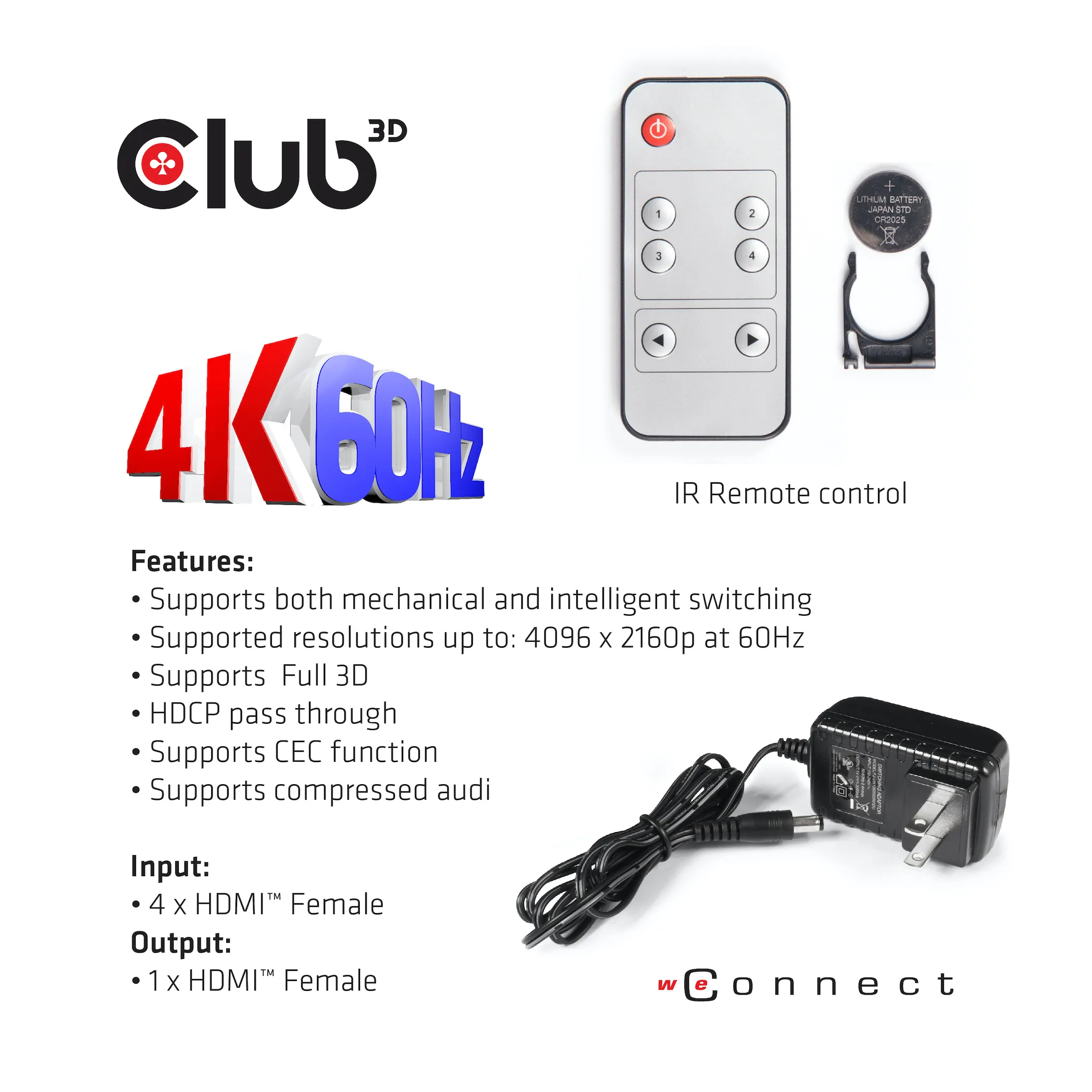 Club 3D HDMI-kytkin, 4 tuloa - 1 l&auml;ht&ouml;, HDMI 2.0, kaukos&auml;&auml;din, Musta