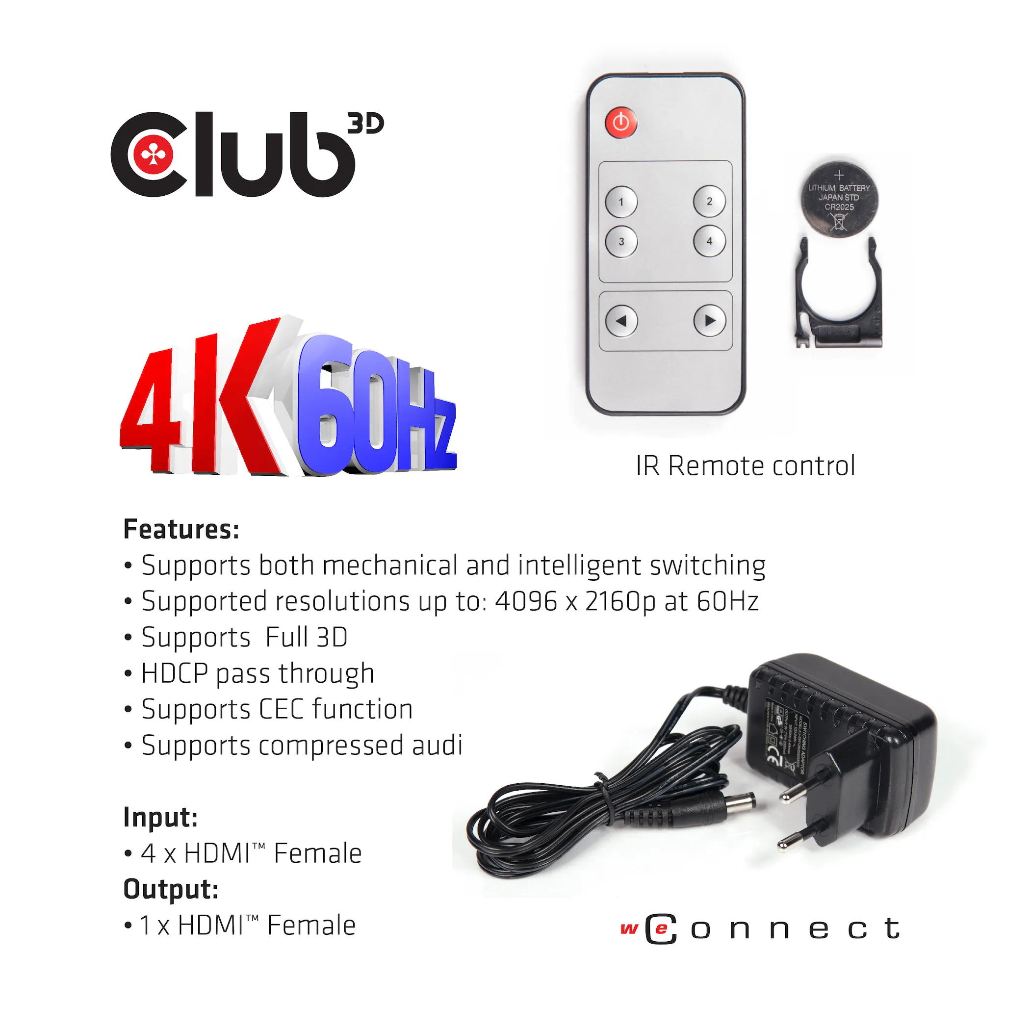 Club 3D HDMI-kytkin, 4 tuloa - 1 l&auml;ht&ouml;, HDMI 2.0, kaukos&auml;&auml;din, Musta