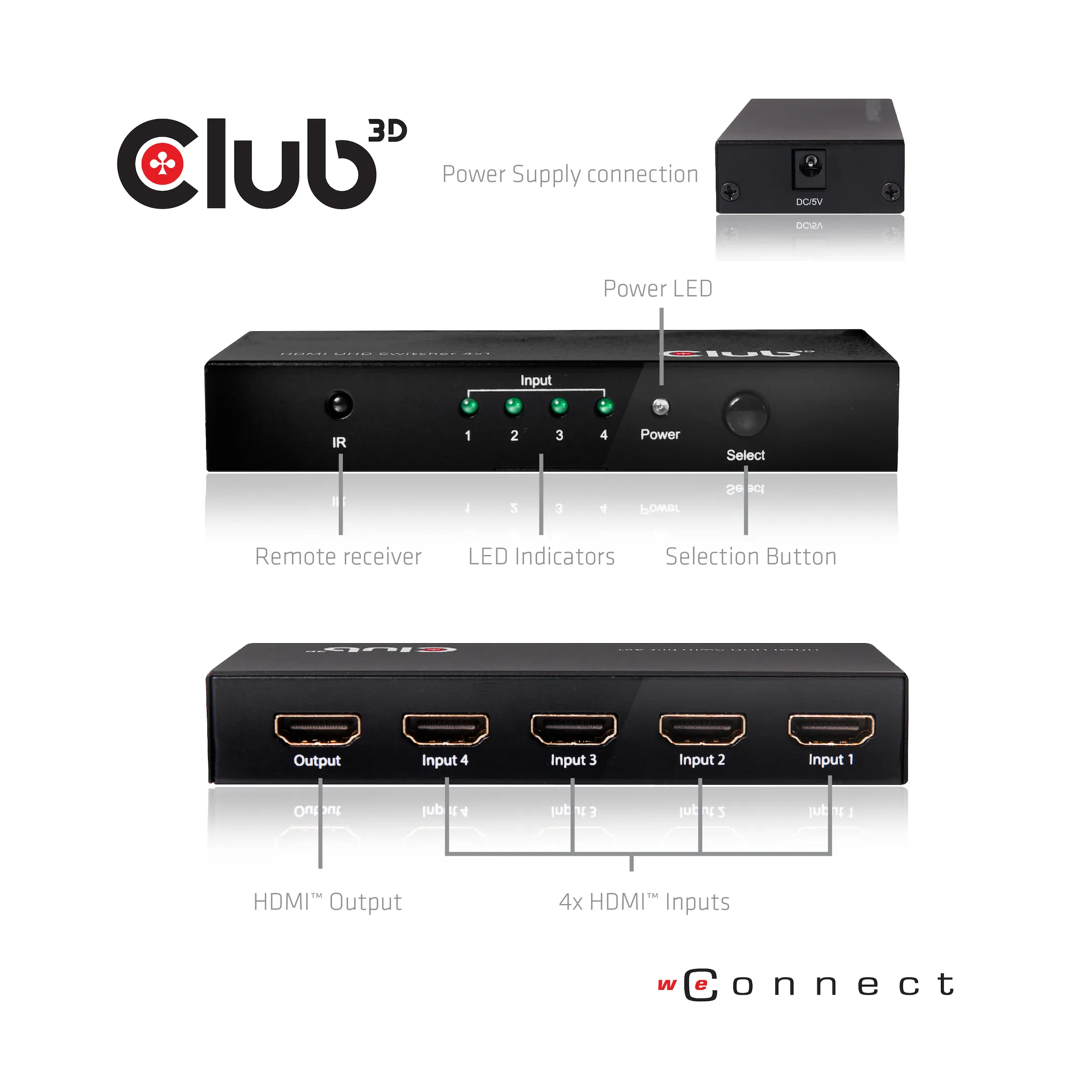 Club 3D HDMI-kytkin, 4 tuloa - 1 l&auml;ht&ouml;, HDMI 2.0, kaukos&auml;&auml;din, Musta