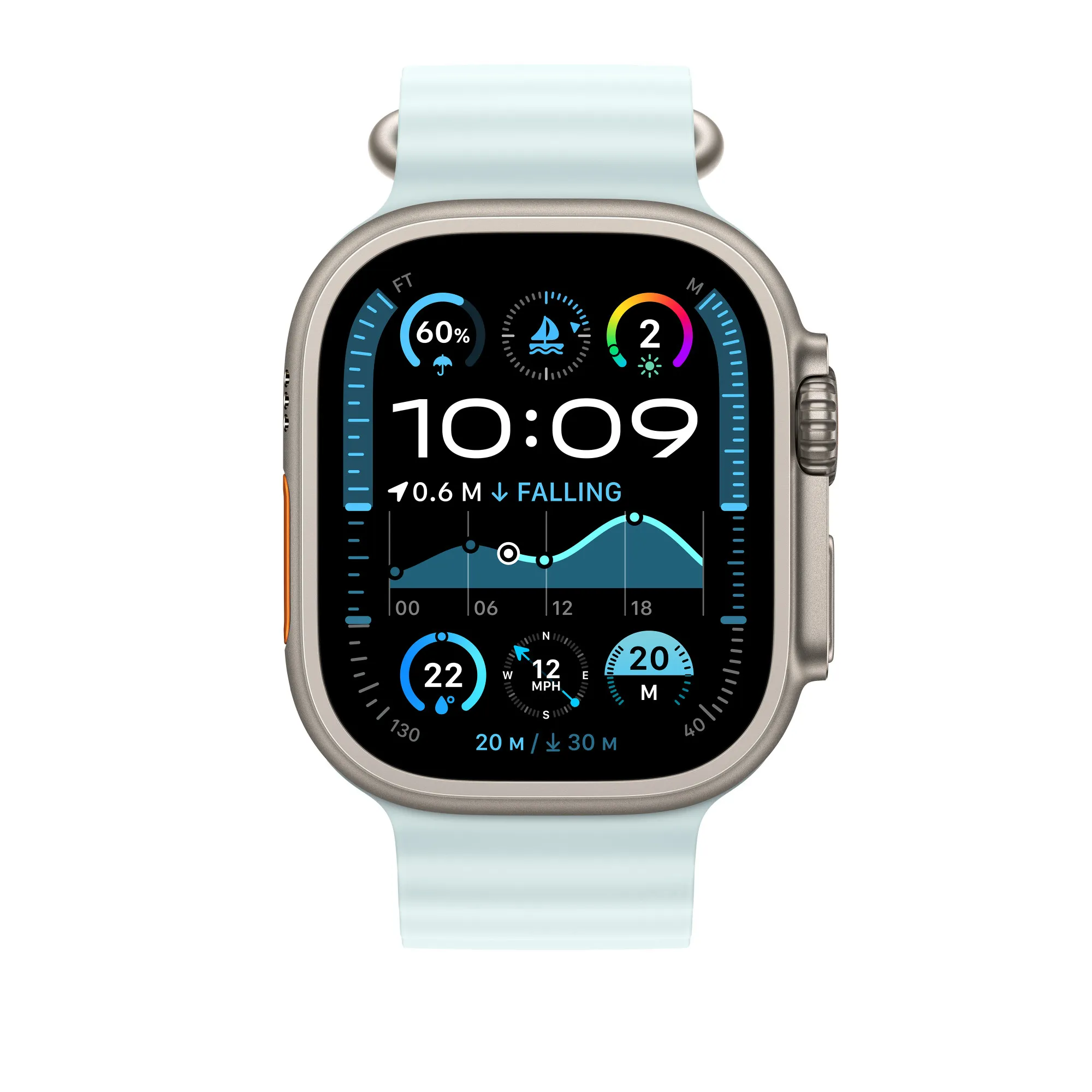 Apple Watch 49 mm - Havsband, Frostbl&aring; / Naturligt titan