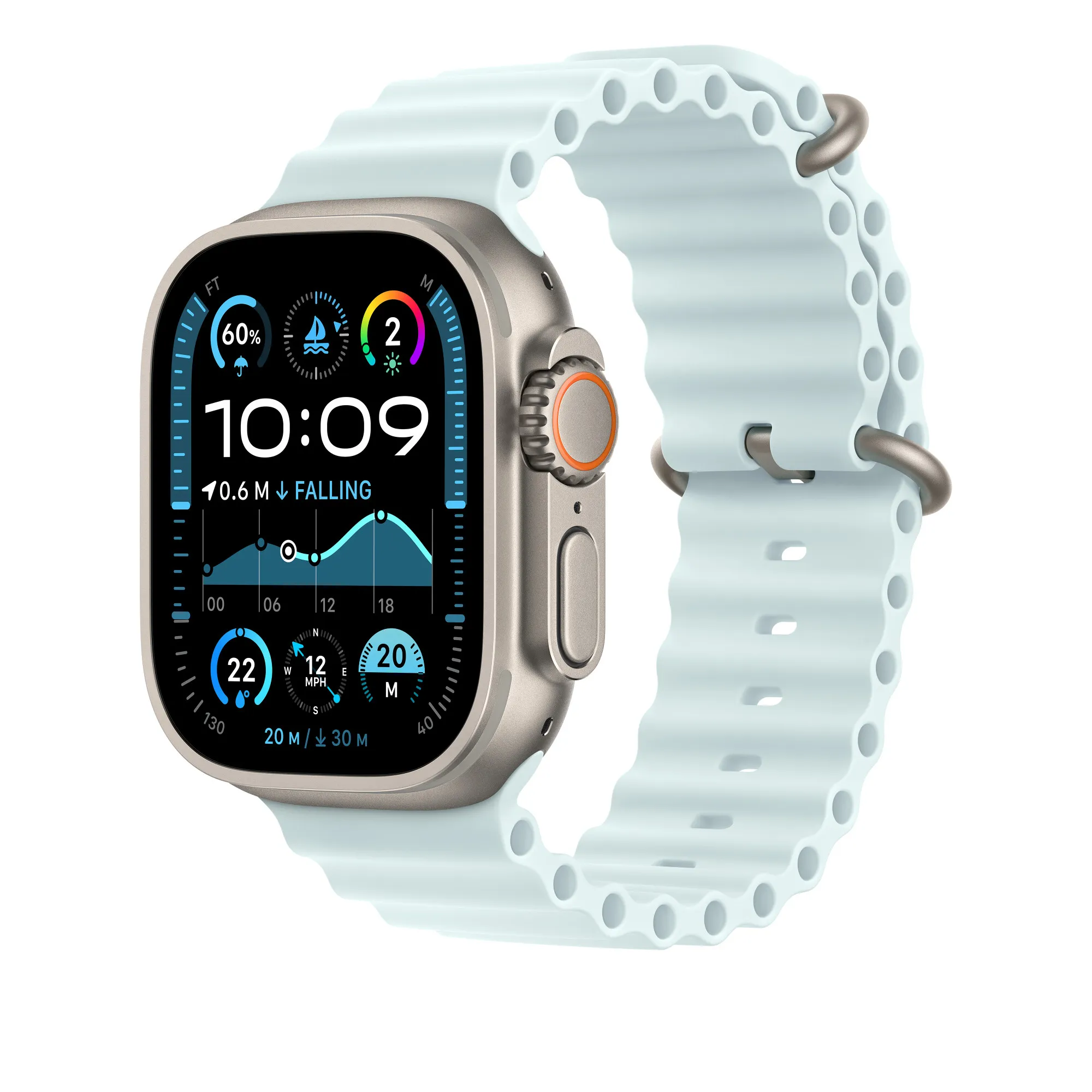 Apple Watch 49 mm - Havsband, Frostbl&aring; / Naturligt titan