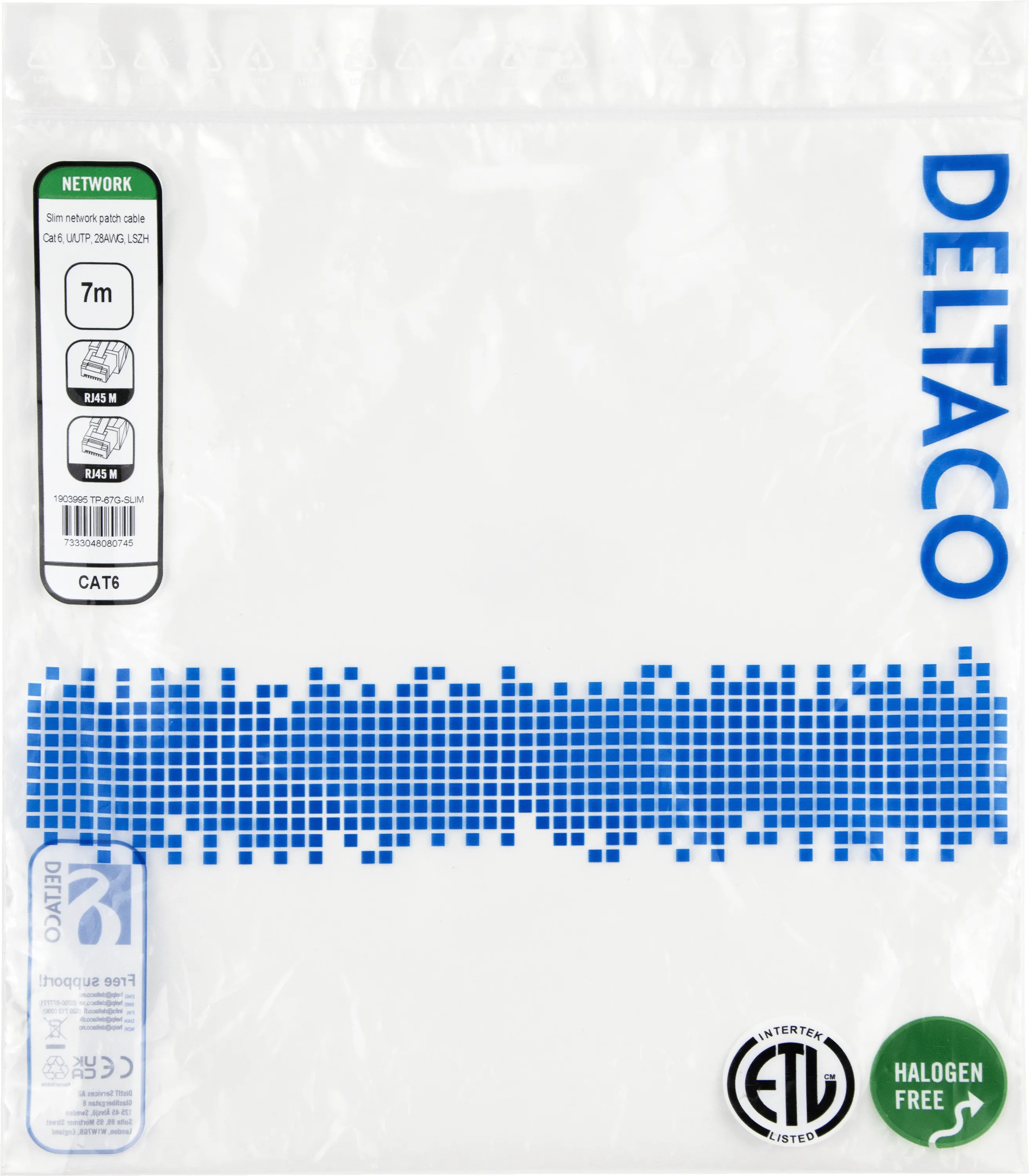 Deltaco Cat6 U/UTP RJ45 7m Network Cable, Green