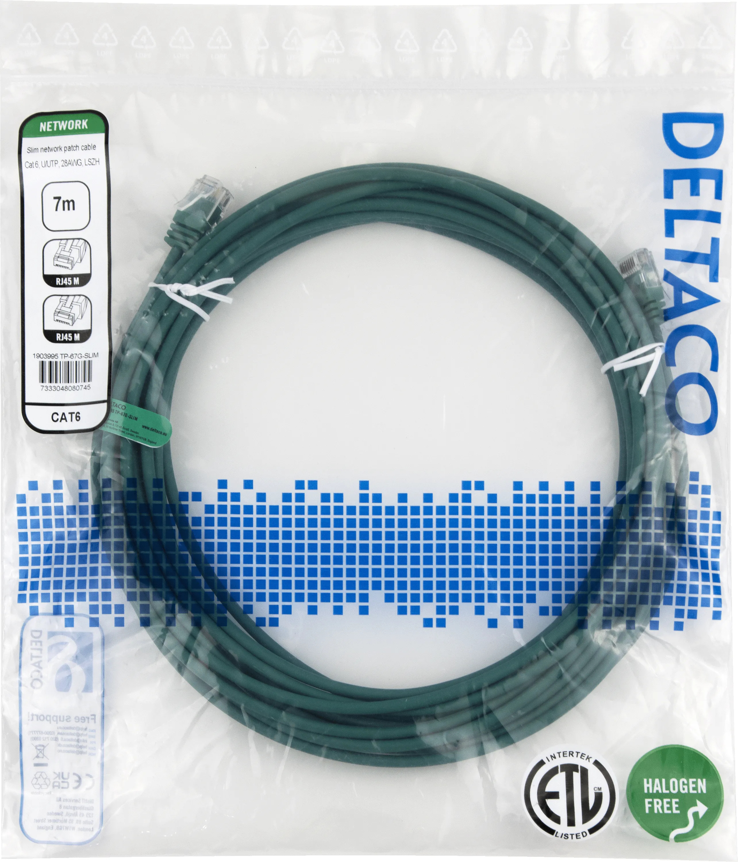 Deltaco Cat6 U/UTP RJ45 7m Network Cable, Green
