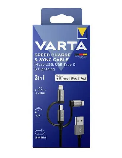 VARTA 3in1 USB-A to Micro-USB, USB-C, Lightning cable, 2 m, Black