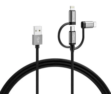VARTA 3in1 USB-A to Micro-USB, USB-C, Lightning cable, 2 m, Black