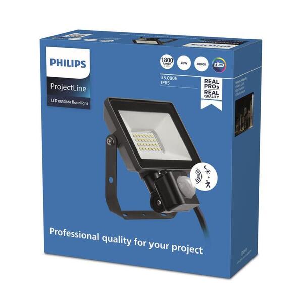 Philips ProjectLine LED Floodlight 20W 1800lm 3000K with Motion Sensor IP65 Black