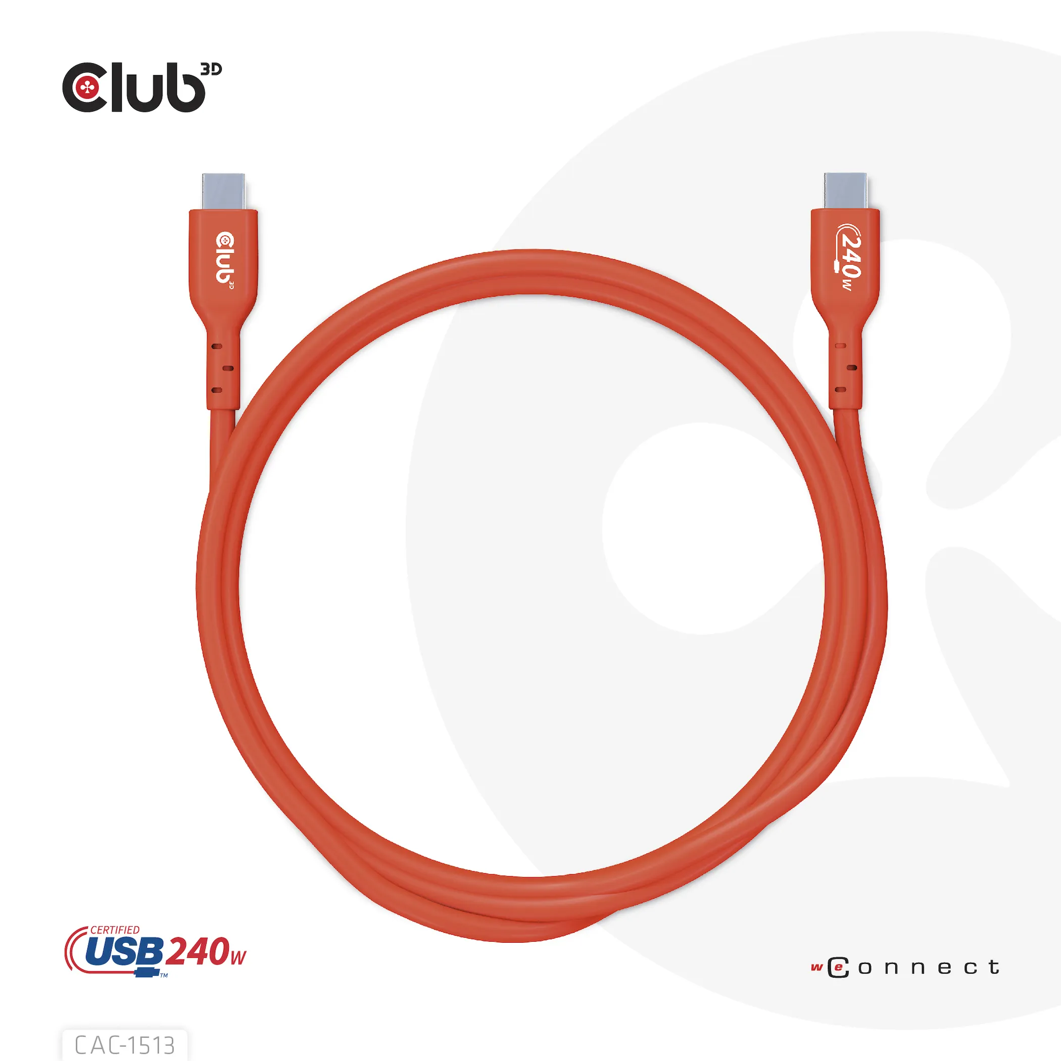 Club 3D 2.0 USB-C, 240W EPR - kabel, R&ouml;d, 3m