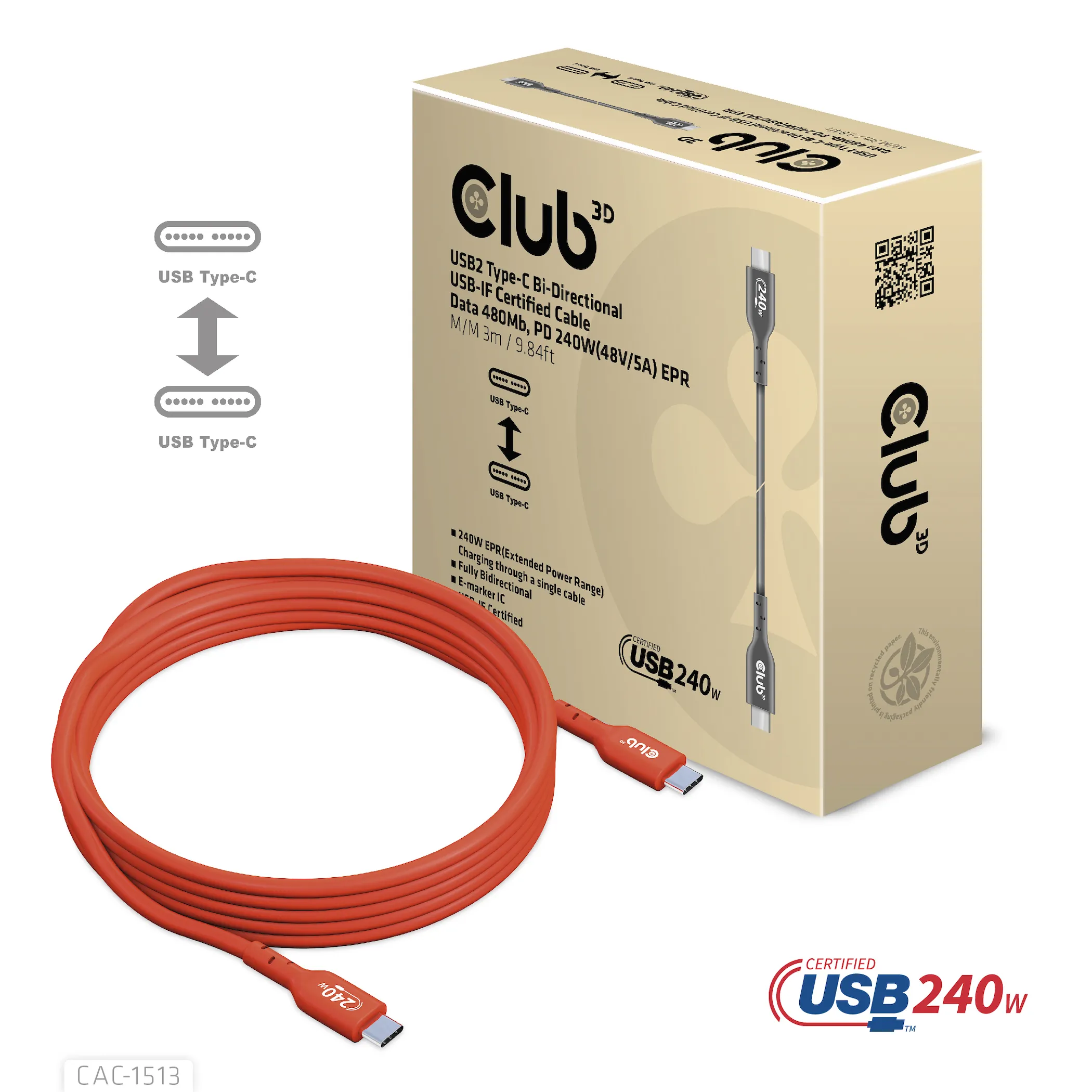 Club 3D 2.0 USB-C, 240W EPR - kabel, R&ouml;d, 3m