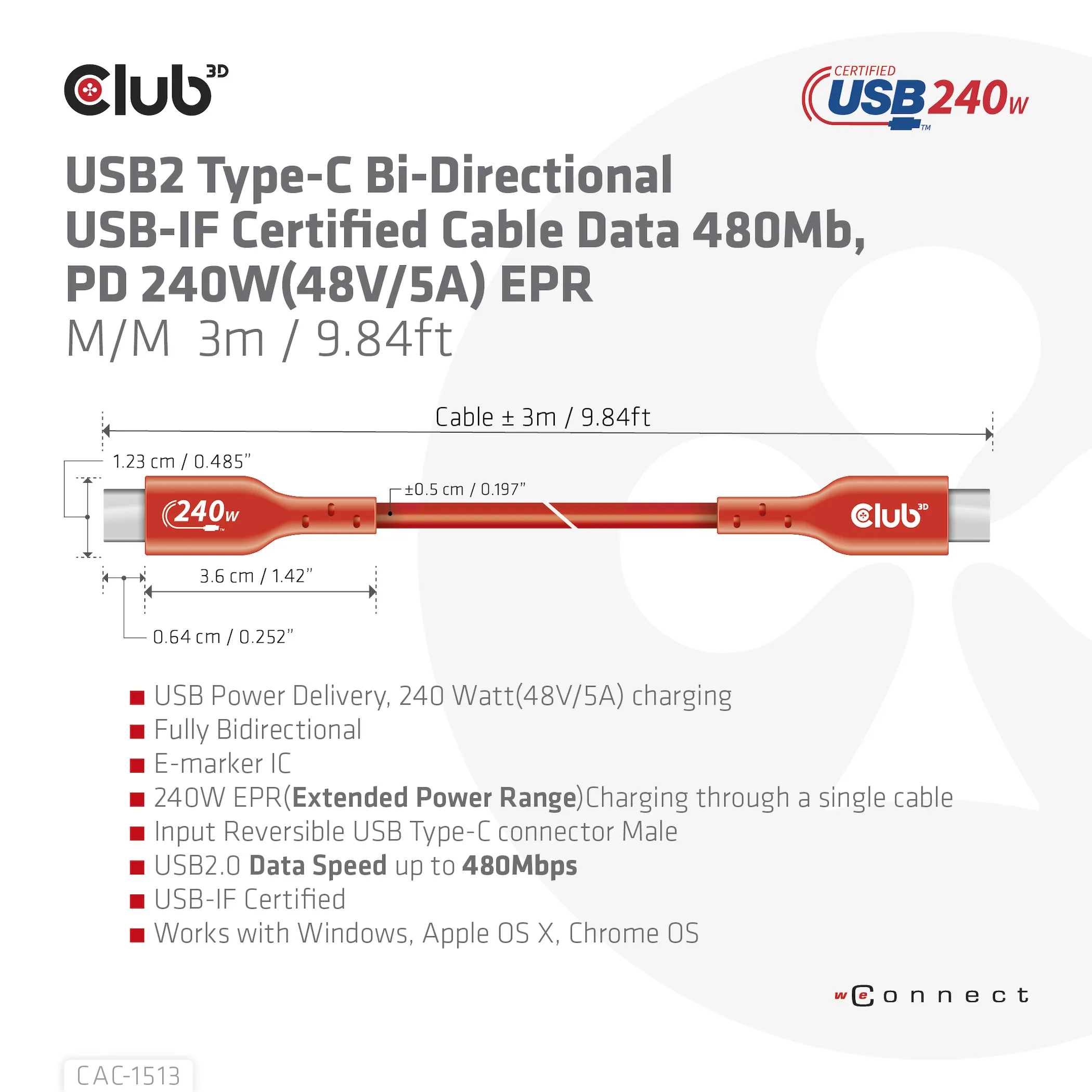 Club 3D 2.0 USB-C, 240W EPR - kabel, R&ouml;d, 3m