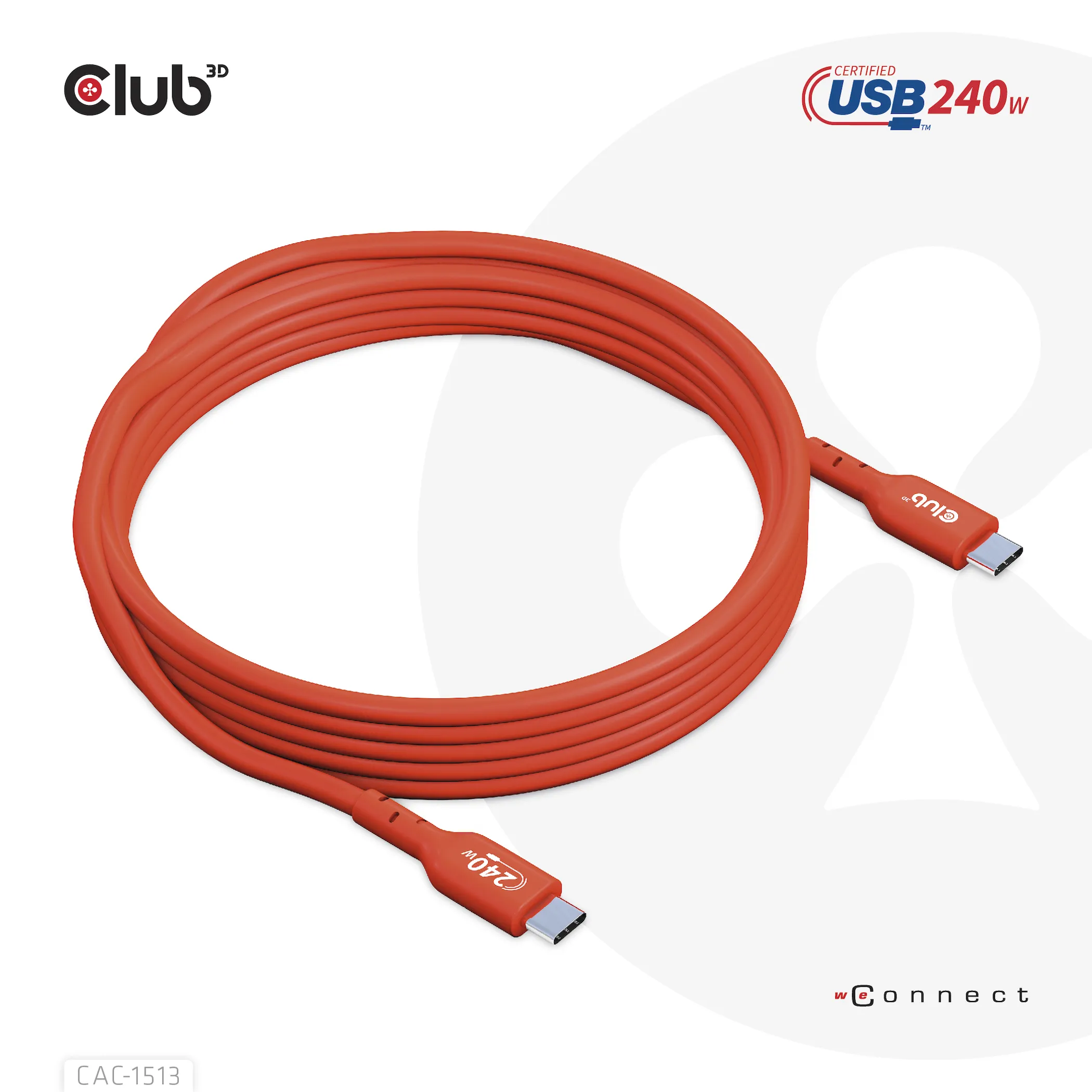 Club 3D 2.0 USB-C, 240W EPR - kabel, R&ouml;d, 3m