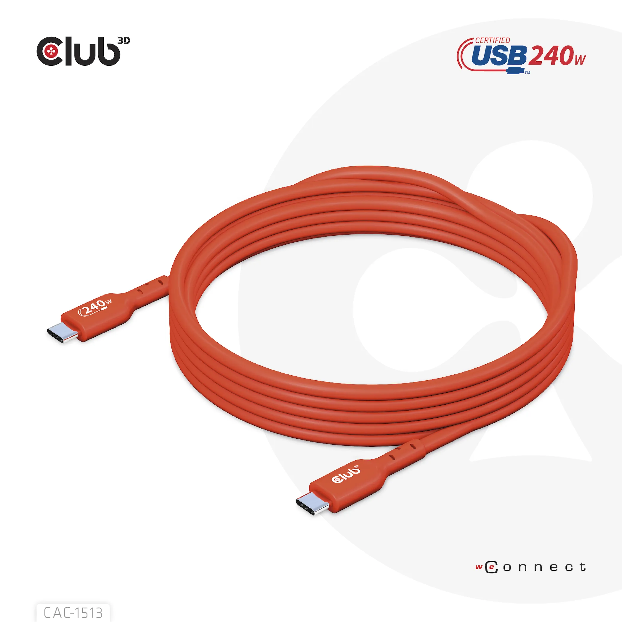 Club 3D 2.0 USB-C, 240W EPR - kabel, R&ouml;d, 3m