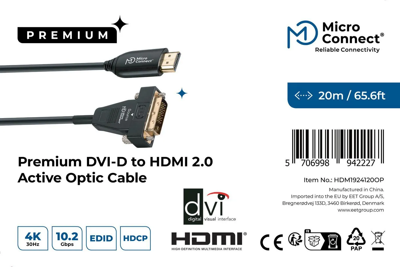 MicroConnect Premium Optic DVI-D &ndash; HDMI -kaapeli, 20 m, Musta